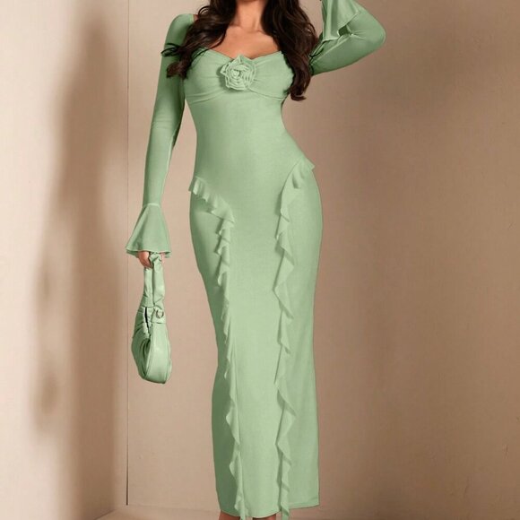 Green Elegant Women's Long Sleeve Floral 3d Decorative Ruffled Dress - Picture 7 of 8